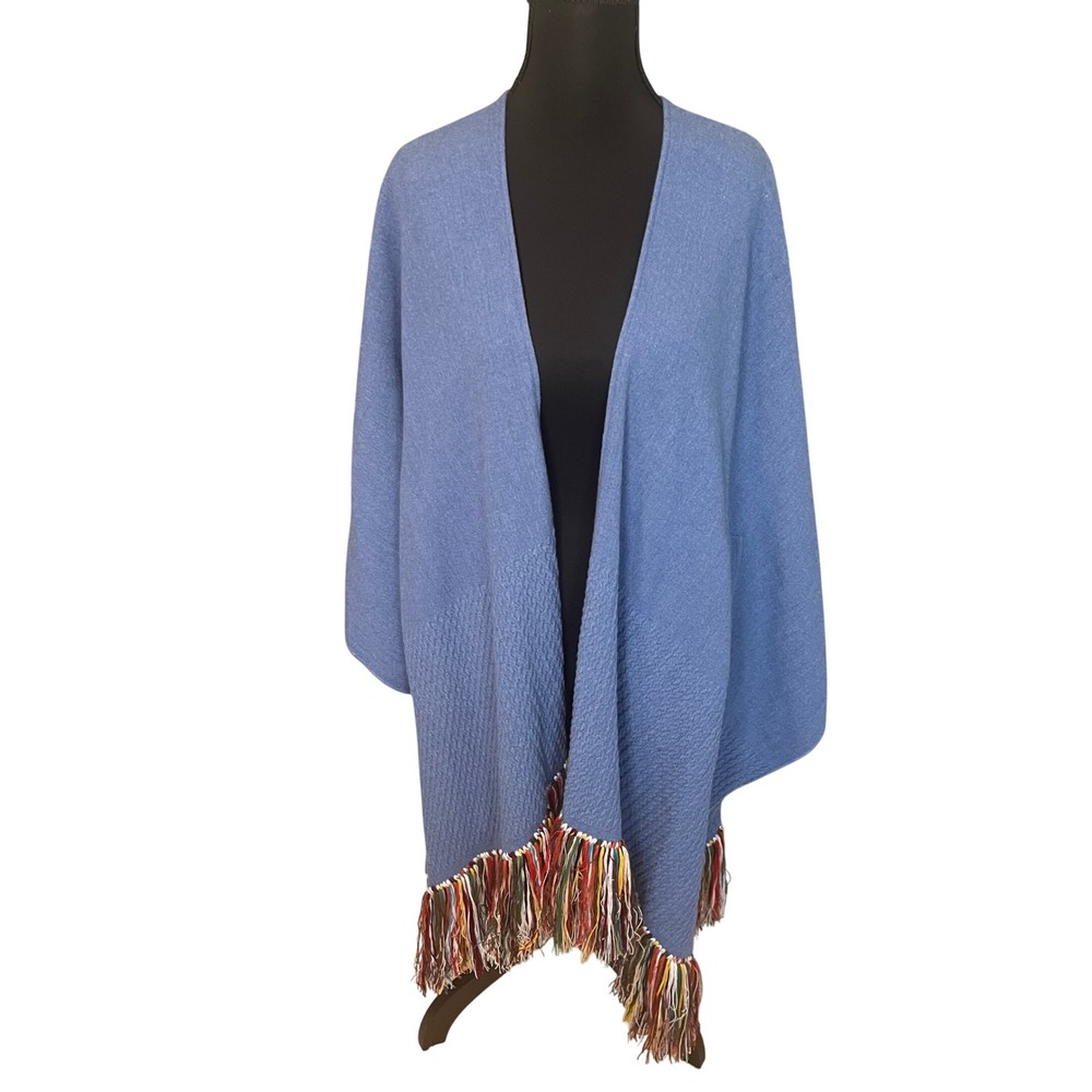 Mer Sea Womens Blue Textured Knit Fringe Wrap‎ Poncho with Pockets One Size